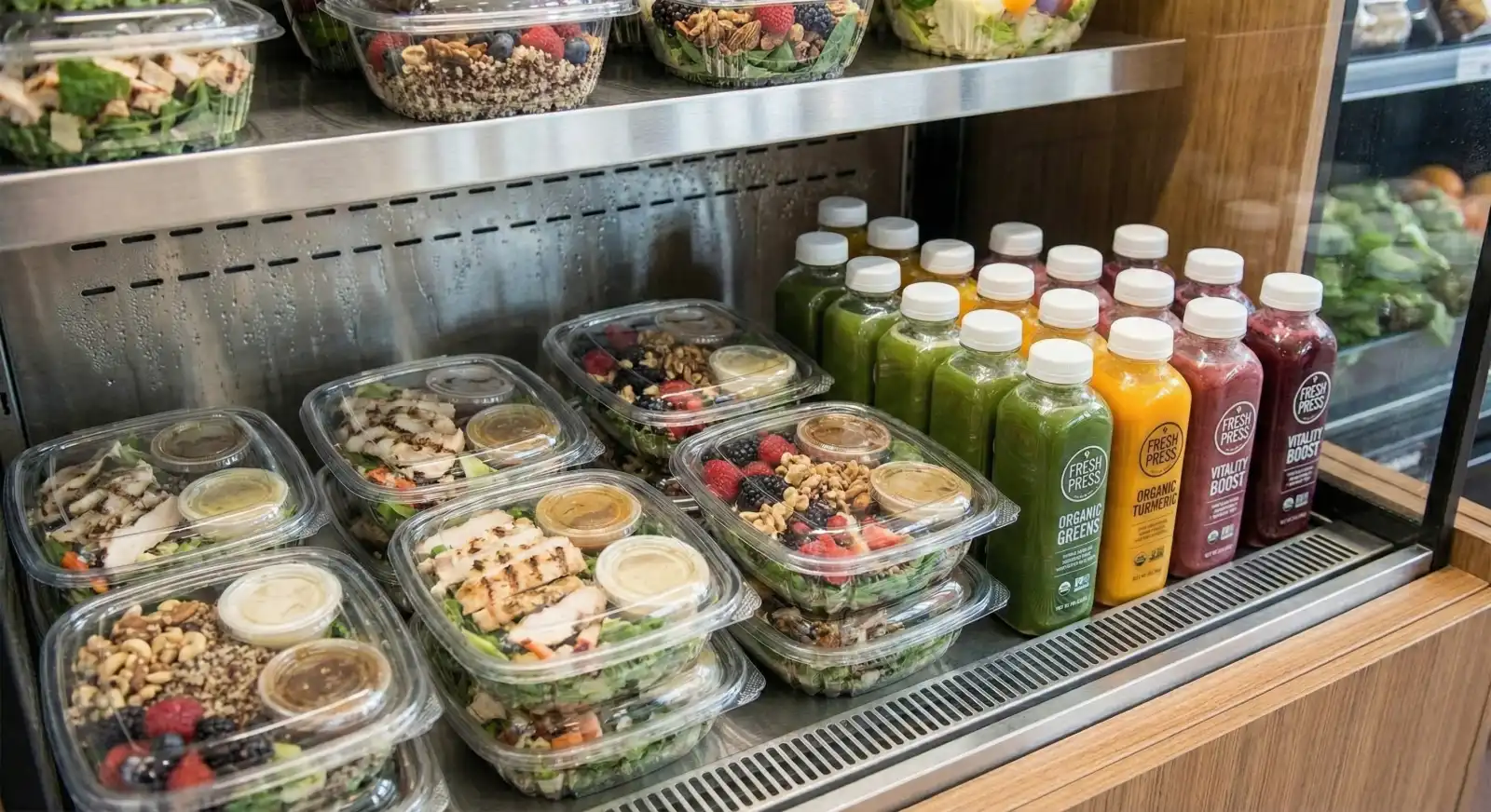 Fresh healthy salads and drinks in an open micro market cooler.