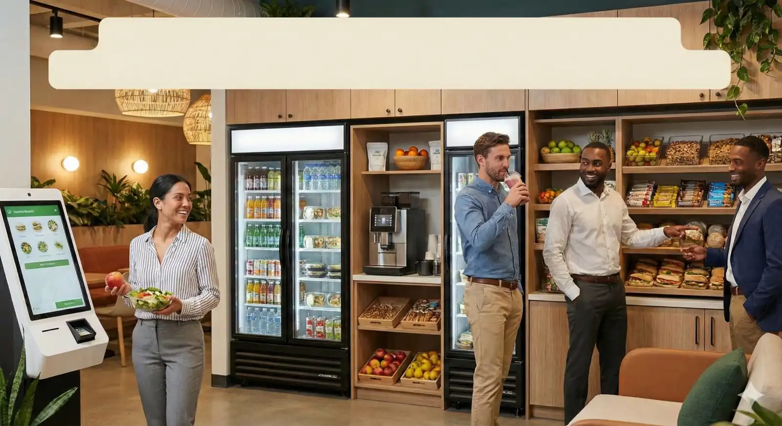 Modern office breakroom smiling employees healthy food