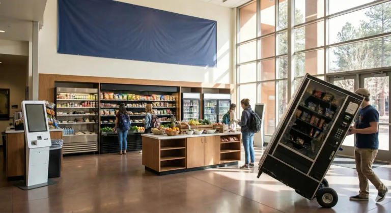 Happy employees using a micro market self-checkout kiosk in a Flagstaff office.