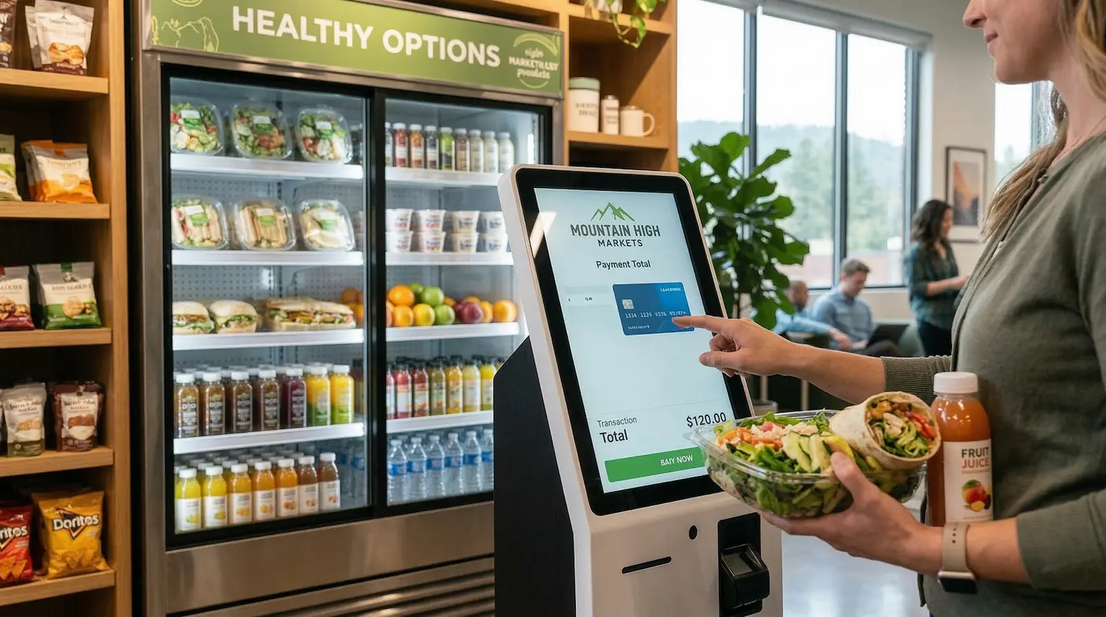 A close-up of a person using a secure self-checkout kiosk in a Mountain High Markets Micro Market, holding a fresh salad and wrap.